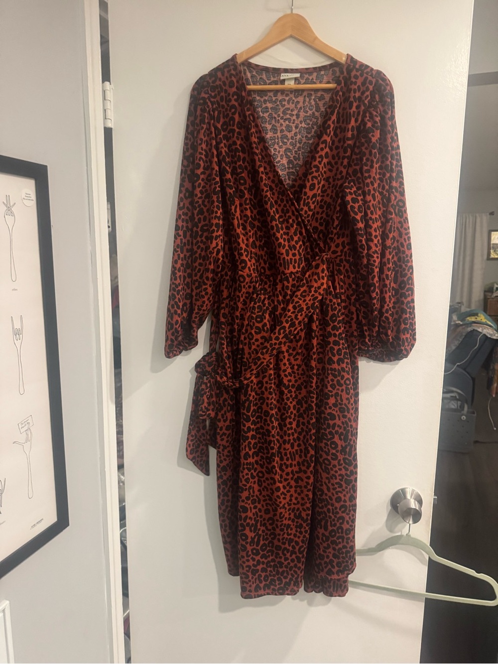 Ava & Viv XXL Rust Leopard Print Wrap Dress Plus Size Brown Animal Print Midi